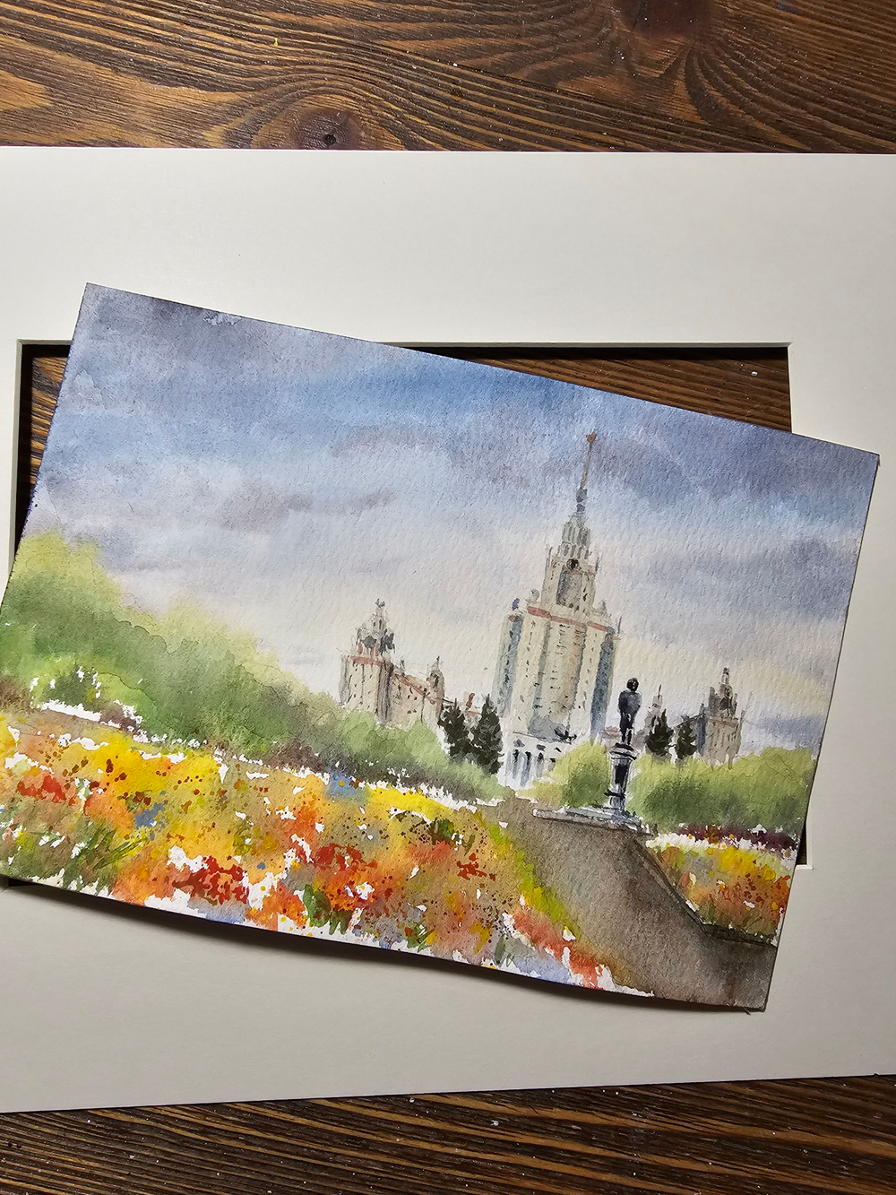 Картина, графика в паспарту 21х30 см на стену для интерьера "МГУ"