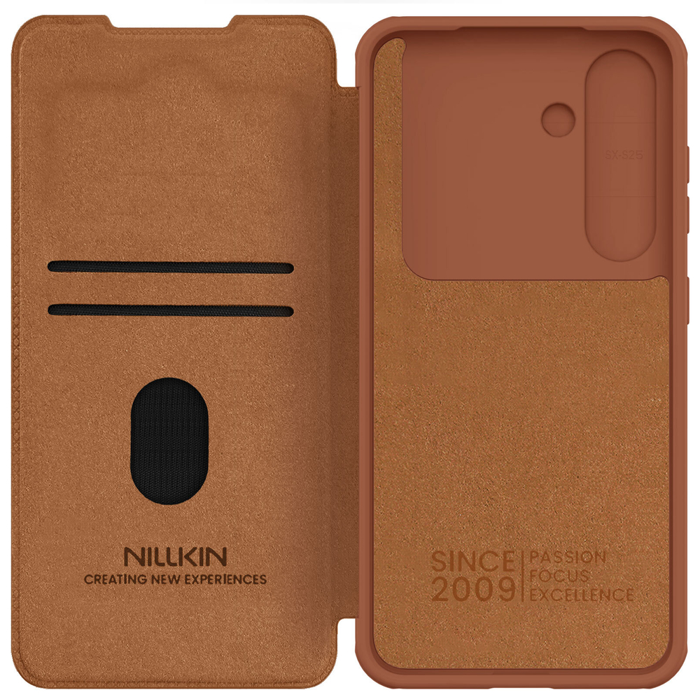 Кожаный чехол книжка коричневого цвета от Nillkin для Samsung Galaxy S25, серия Qin Pro Leather с сдвижной защитной шторкой для камеры