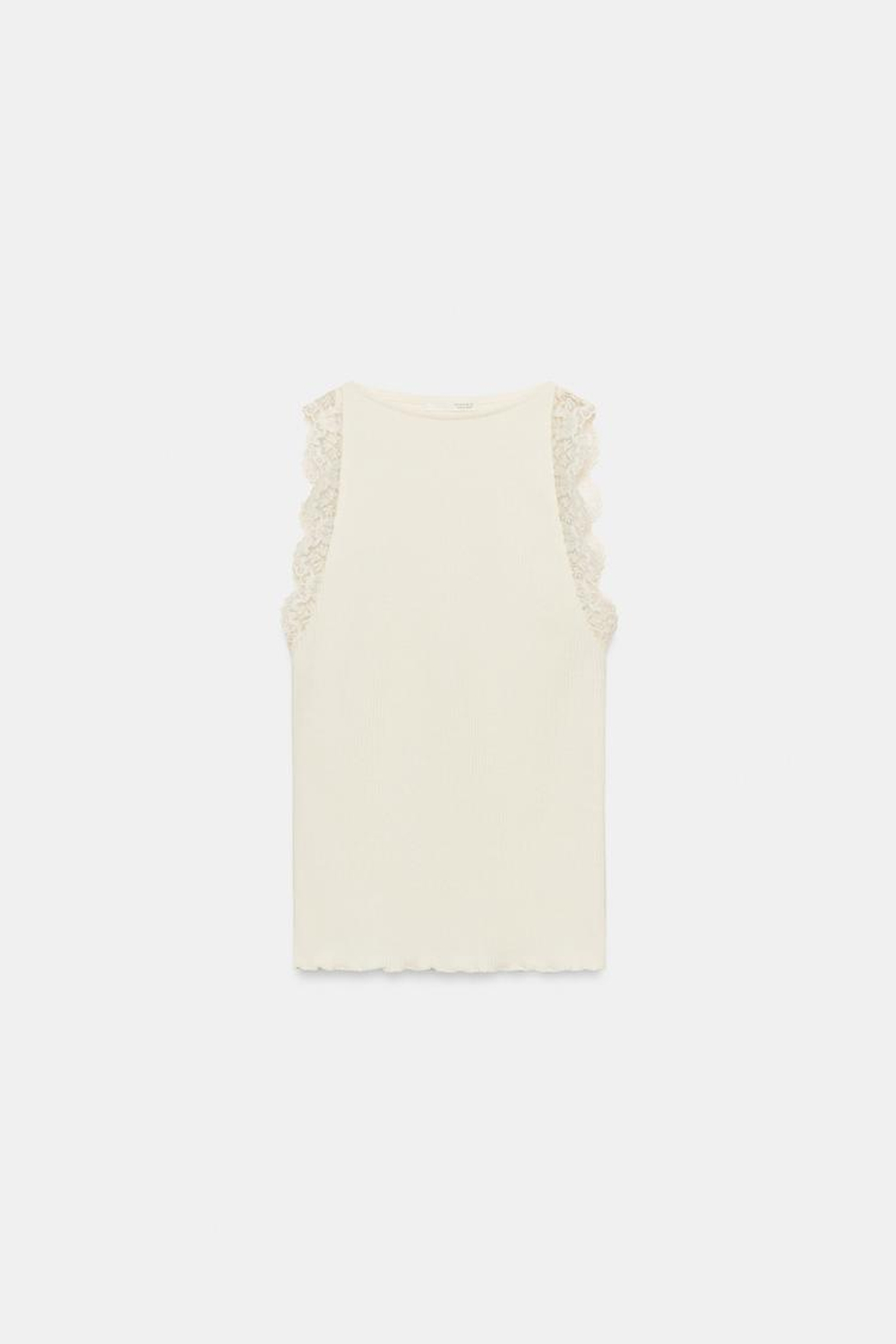 ZARA ТОП В РУБЧИК С КРУЖЕВОМ, ЭКРЮ