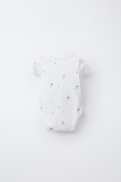 ZARA НАБОР БОДИ С ПРИНТОМ (5 ШТ.), ЭКРЮ/СИНИЙ