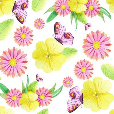 Розовые и желтые цветы на белом фоне