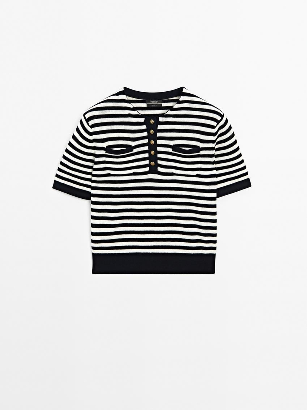 Massimo Dutti Свитер в полоску с короткими рукавами, темно-синий
