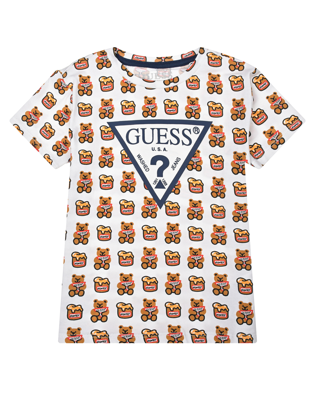 Футболка GUESS Белый/Принт: мишки, баночки с медом/Термопринт: бело-синий треугольник-логотип (Мальчик)