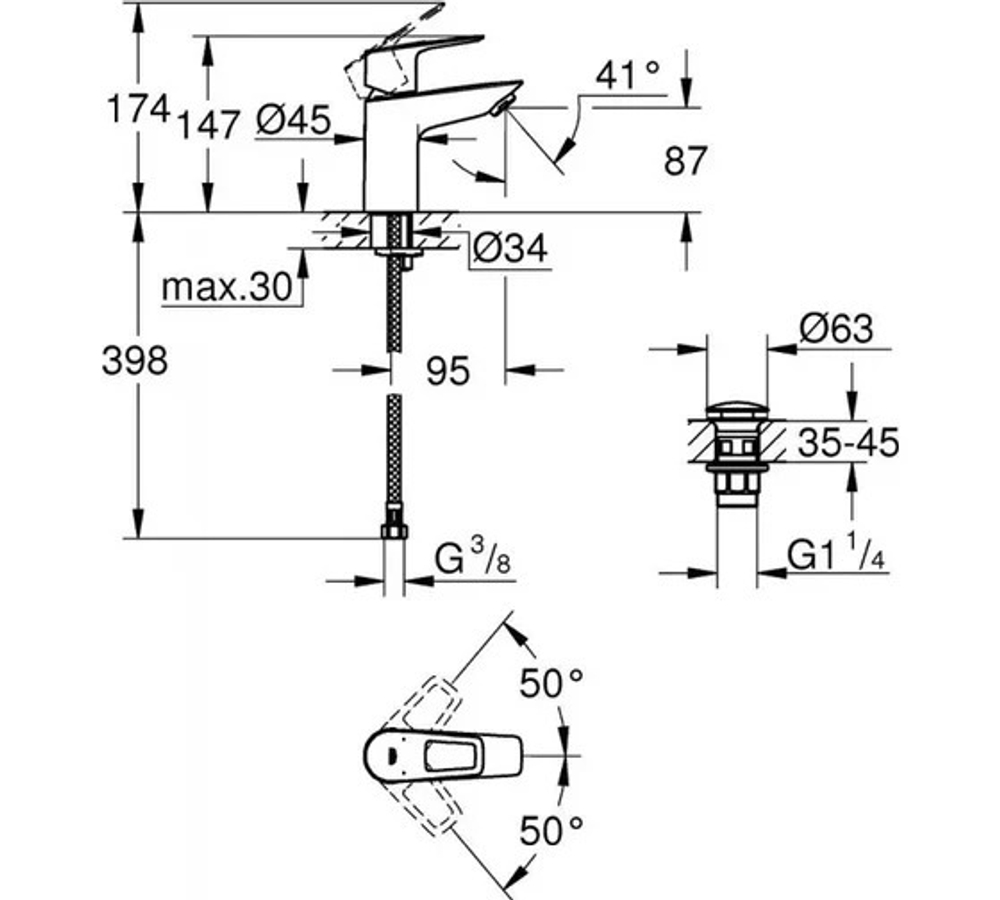 Смеситель для раковины GROHE Start Loop с донным клапаном, S-Size, хром (23882001)