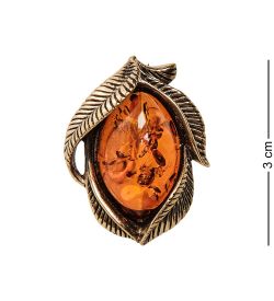 AM-2569 Брошь «Винтажный листик» (латунь, янтарь)