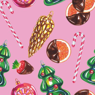 Новогодние ёлочные игрушки, карамель, фрукты, шоколад