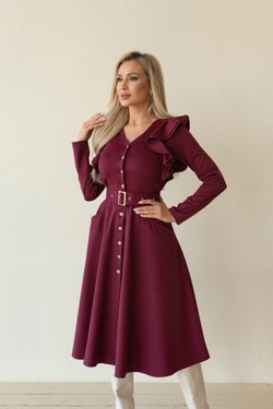 Платье бордовое с воланами из вискозы