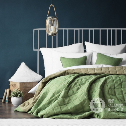 Готовые шторы и покрывало под лен ДЖЕРРИИ (арт. BL10-274-07) - (140х270)х2 см., покрывало 230х250 см. - зеленый