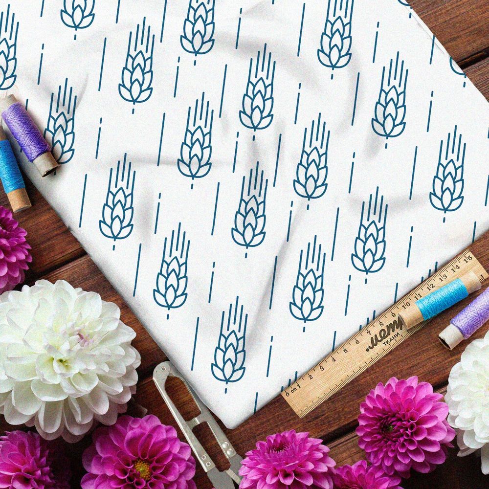 Ткань футер 2-х нитка падающие голубые злаки на белом фоне