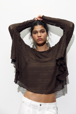 ZARA ТОП-НАКИДКА ИЗ ТКАНИ С РЕЛЬЕФНЫМ УЗОРОМ, ШОКОЛАДНЫЙ