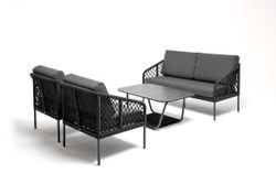 "Канны" диван 2-местный плетеный из роупа (узелки), каркас алюминий темно-серый (RAL7024) муар, роуп темно-серый круглый, ткань темно-серая 027