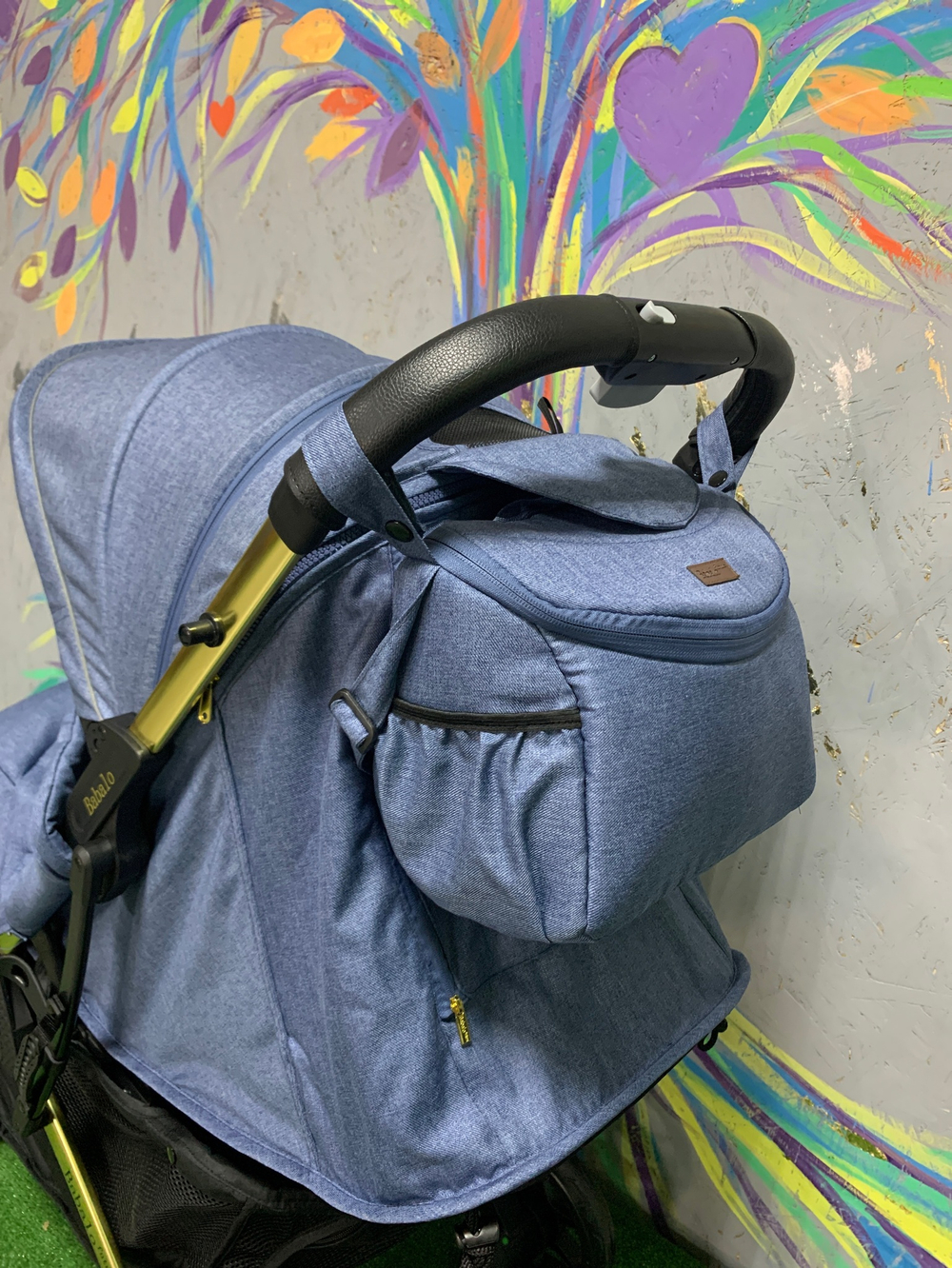 Коляска прогулочная Babalo 2022 Синий текстиль на золотой раме с сумкой