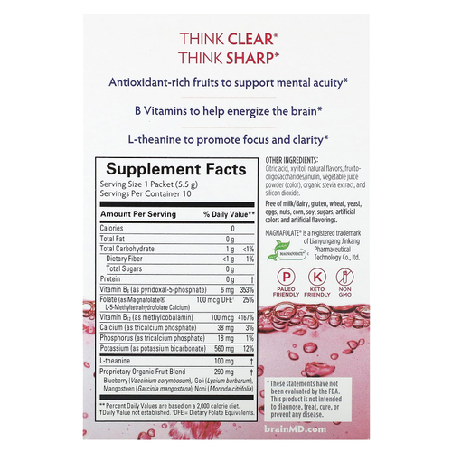 BrainMD, Brain Boost, напиток для мозга, который можно взять с собой, без кофеина, 10 пакетиков
