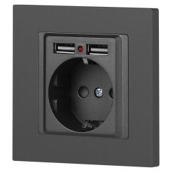 Розетка Intro Accent 6-410-07 с заземлением 2P+E Schuko со шторками 16А-250В + 2хUSB IP20 СУ графит | Intro