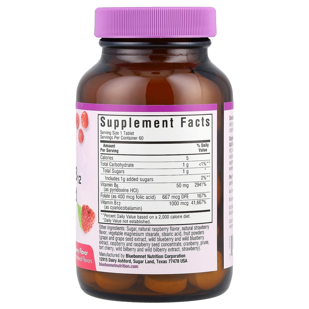 Bluebonnet Nutrition, Earth Sweet®, жевательные таблетки, витамины B6, B12 и фолиевая кислота, малина, 60 жевательных таблеток