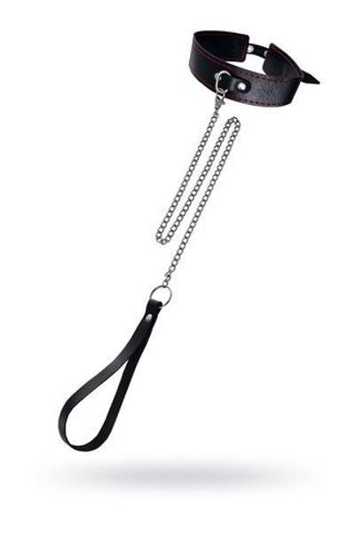 Кожаный двухслойный ошейник с красной строчкой и поводком