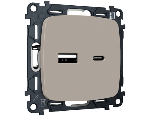 MO371010 Комплект механизма розетки OMEGA Серо-бежевый матовый 2USB A+C 20W (быстрая зарядка) QUANT (OP3710, VM177)