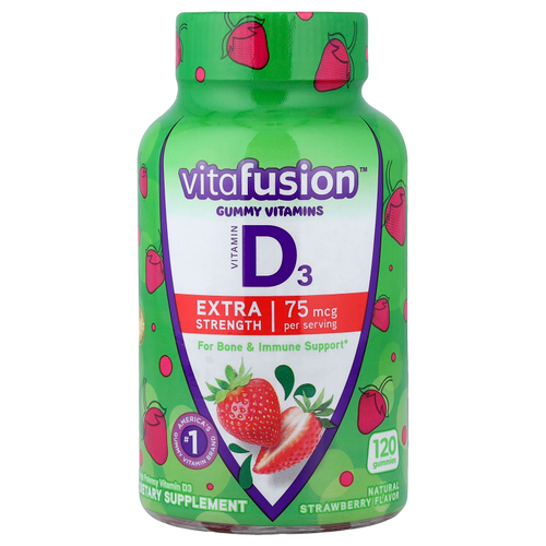 VitaFusion, жевательные витамины, витамин D3, натуральная клубника, 75 мкг, 120 жевательных таблеток (37,5 мкг в 1 жевательной таблетке)