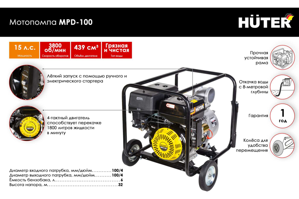 Мотопомпа Huter MPD-100 70/11/6