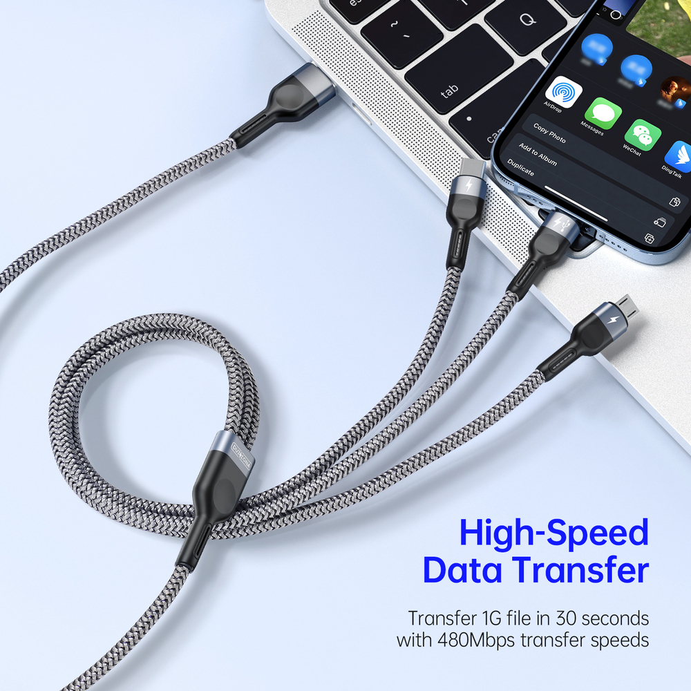 Кабель 3 в 1 в тканевой оплетке черного цвета от Duzzona с разъемами Type C, Lightning и Micro USB, серия A3 Cable, длина 1,3м