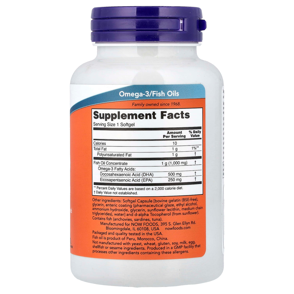 NOW Foods, рыбий жир с ДГК 500, 90 капсул
