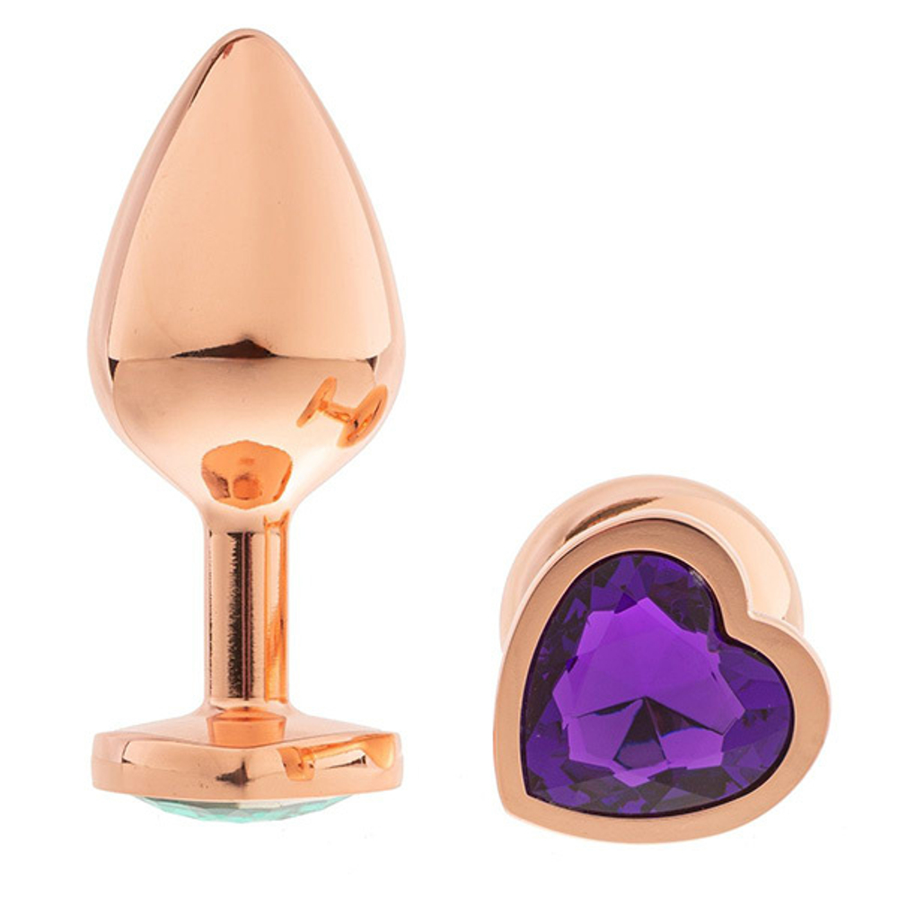 Золотистая анальная пробка OYO 7,3см с фиолетовым кристаллом-сердцем