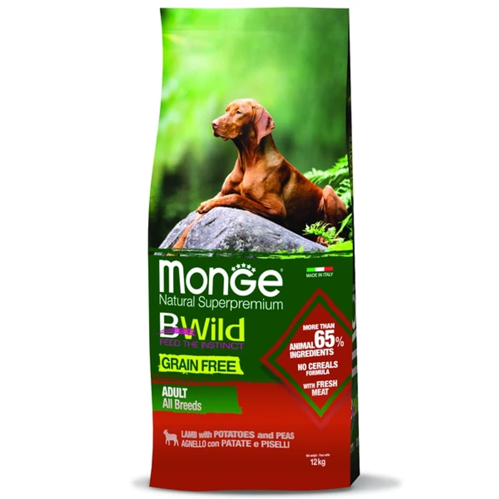 Monge Bwild Grain Free Dog Adult All Breeds Lamb (Монж) корм для собак с ягненком, горохом и картофелем,12 кг