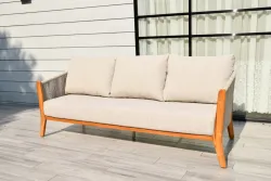 "Сидней" диван 3-местный плетеный из роупа, основание тик, каркас алюминий бежевый, роуп бежевый, ткань бежевая