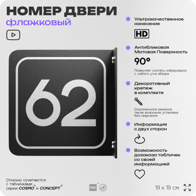 Табличка флажковая с номером 62 на дверь квартиры, для офиса, кабинета, аудитории, склада, черная двустороняя 19х19 см, Айдентика Технолоджи