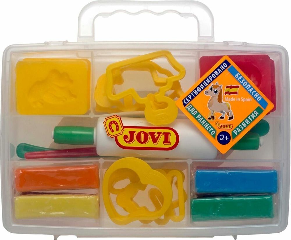 Пластилин JOVI (Испания), набор, 8 цветов, 200 г, 12 форм, 3 стека, скалка, пластиковый чемодан, 230
