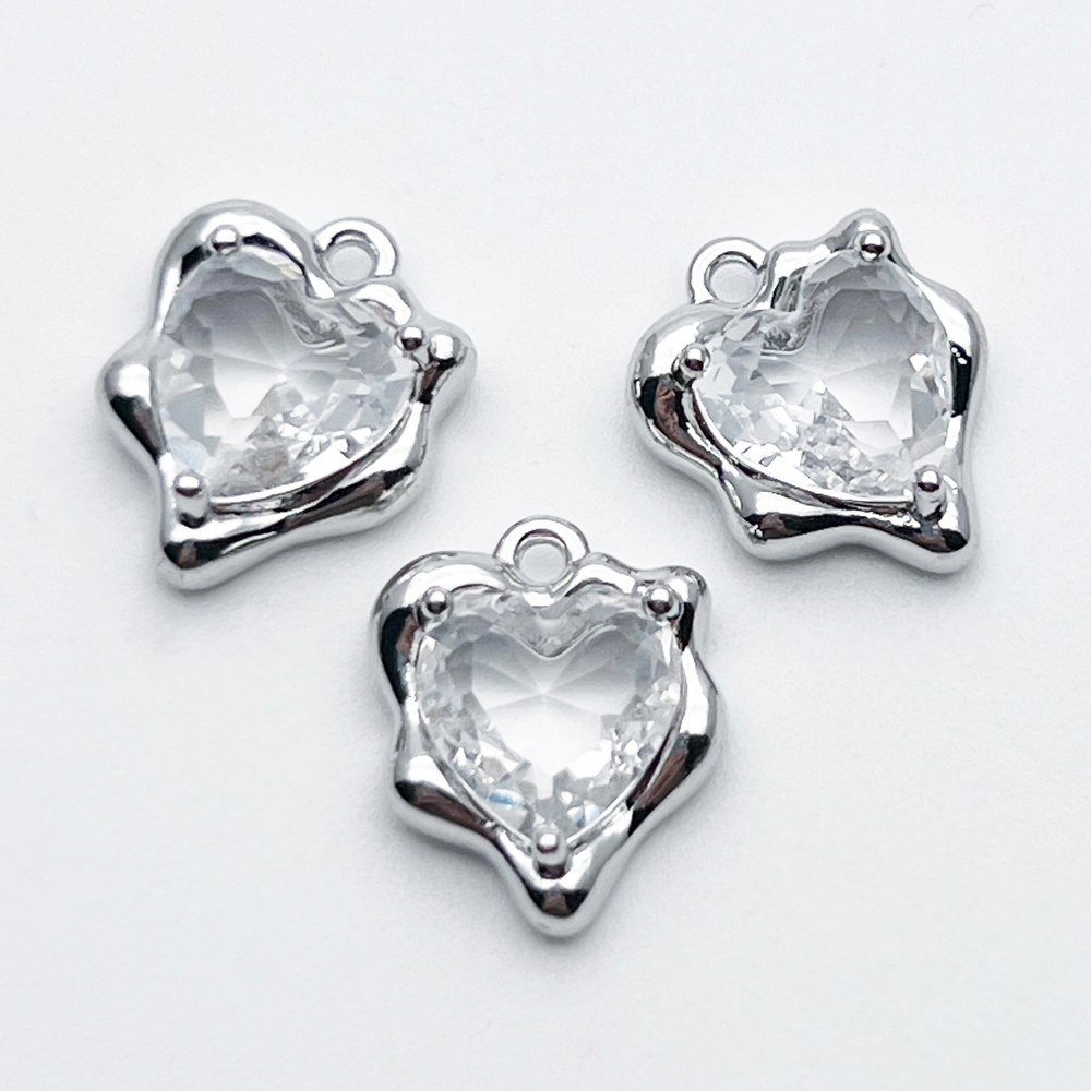 Подвеска Сердце, цвет серебро (родий) + прозрачный, размер 13*10 мм, цена за 1 шт