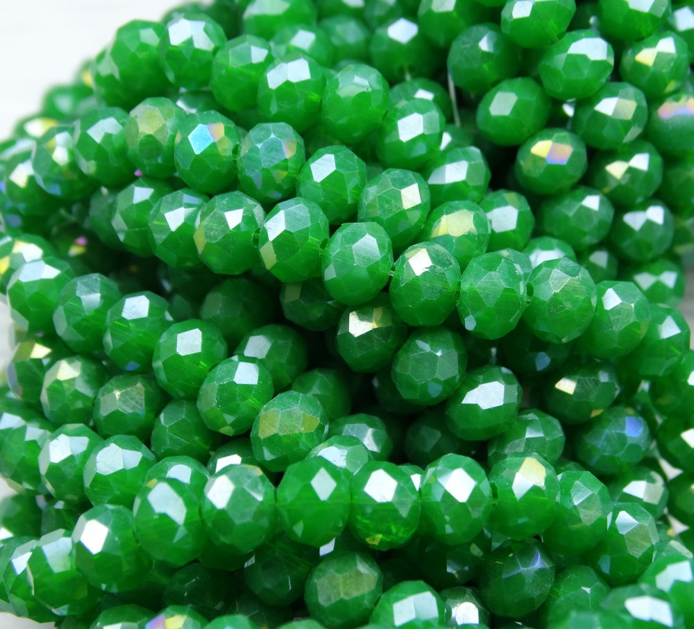 БН013ДС46 Хрустальные бусины "рондель", цвет: зеленый AB непрозрачный, 4х6 мм, кол-во: 58-60 шт.