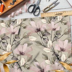 Ткань таффета светлые цветы с листьями