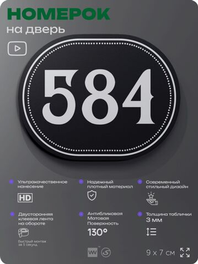 Номерок на дверь квартиры 584, для кабинета, офиса, шильдик 9 х 7 см, черный, Айдентика Технолоджи