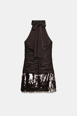 ZARA КОРОТКОЕ ПЛАТЬЕ С ПАЙЕТКАМИ, КОРИЧНЕВЫЙ