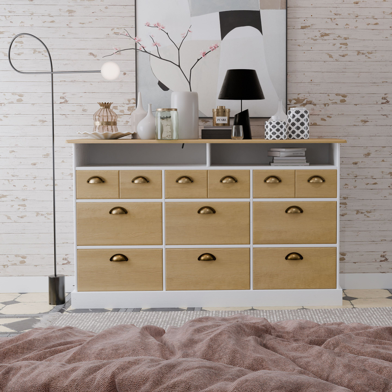 Комод 139х38х84, Тэа, с 9 ящиками для вещей и полкой Тэа, массив сосны, 9 ящиков / белый, бейц, Dipriz