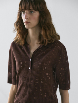Massimo Dutti Трикотажное поло из смесовой шерсти с короткими рукавами, шоколадный