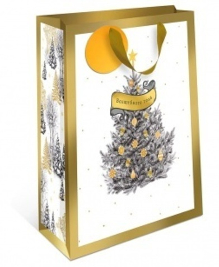 Пакет подарочный S вертикальный, "Волшебного года, Елочка", Золото/Белый, 18*22*10 см (Д*В*Ш), 1 шт.