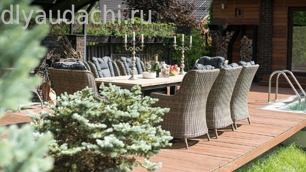 Обеденный комплект стол ПАРКЛЭНД + 6 кресел из искусственного ротанга БЕРГАМО (цвет серый/коричневый)