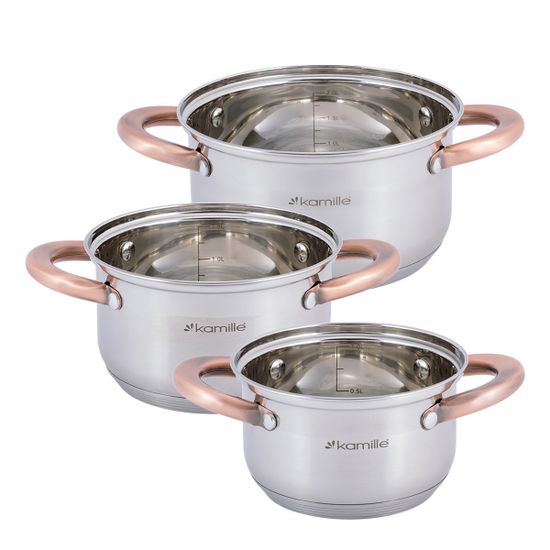 Набор кастрюль 6 предметов Kamille KM 4936 (1 л; 1,5 л; 2 л.) из нержавеющей стали с ручками под медь