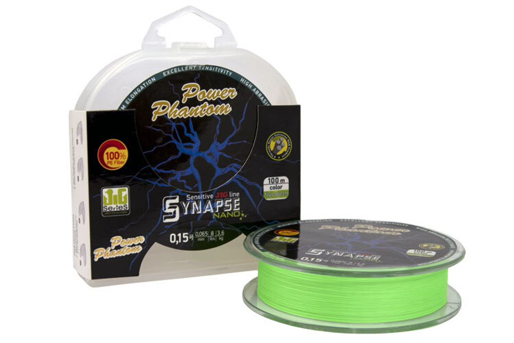 Шнур Power Phantom Synapse NANO PE 100m, флуоресцентный зеленый D-0,15 (3,6кг), 0,065mm