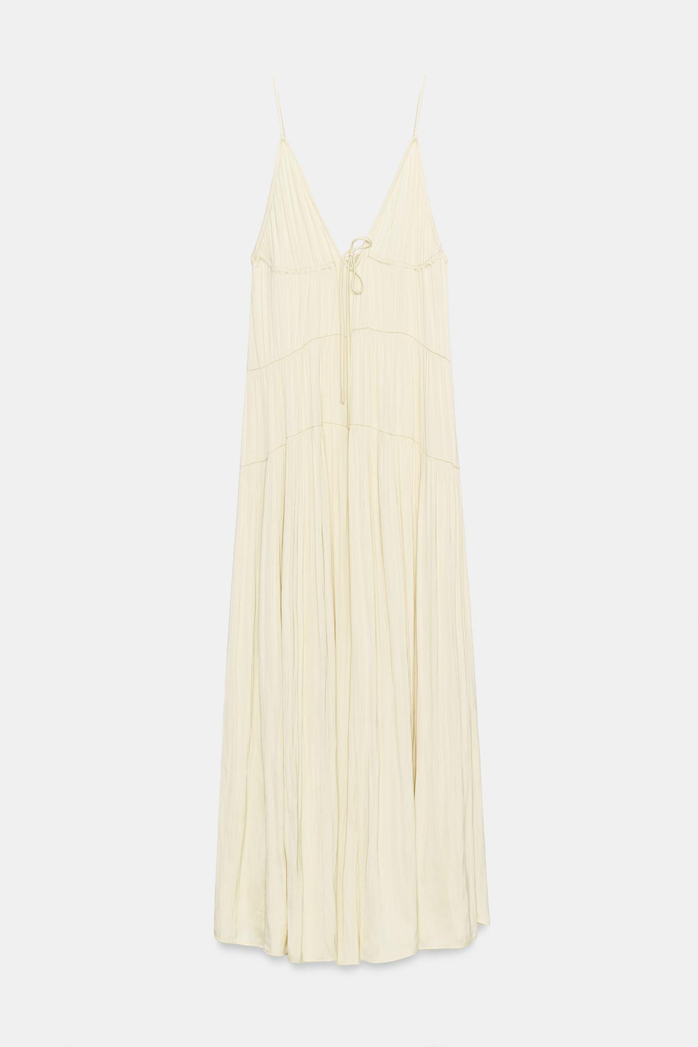 ZARA ДЛИННОЕ АТЛАСНОЕ ПЛАТЬЕ СО СБОРКАМИ, СВЕТЛО-ЖЕЛТЫЙ