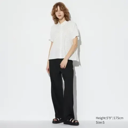 UNIQLO БЛУЗКА С КОРОТКИМИ РУКАВАМИ С ПРИНТОМ ИЗ ВИСКОЗЫ, ЖЕЛТОВАТО-БЕЛЫЙ