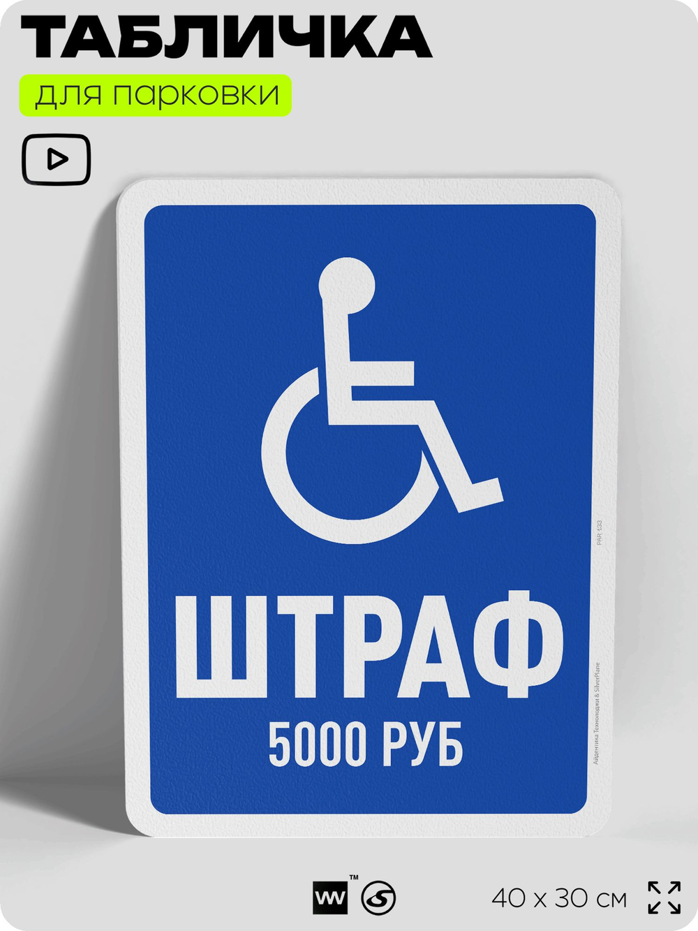 Табличка для парковки "Инвалидная парковка, штраф - 5000 руб", для дома, офиса, организаций, 40х30 см, Silver Plane x Айдентика Технолоджи