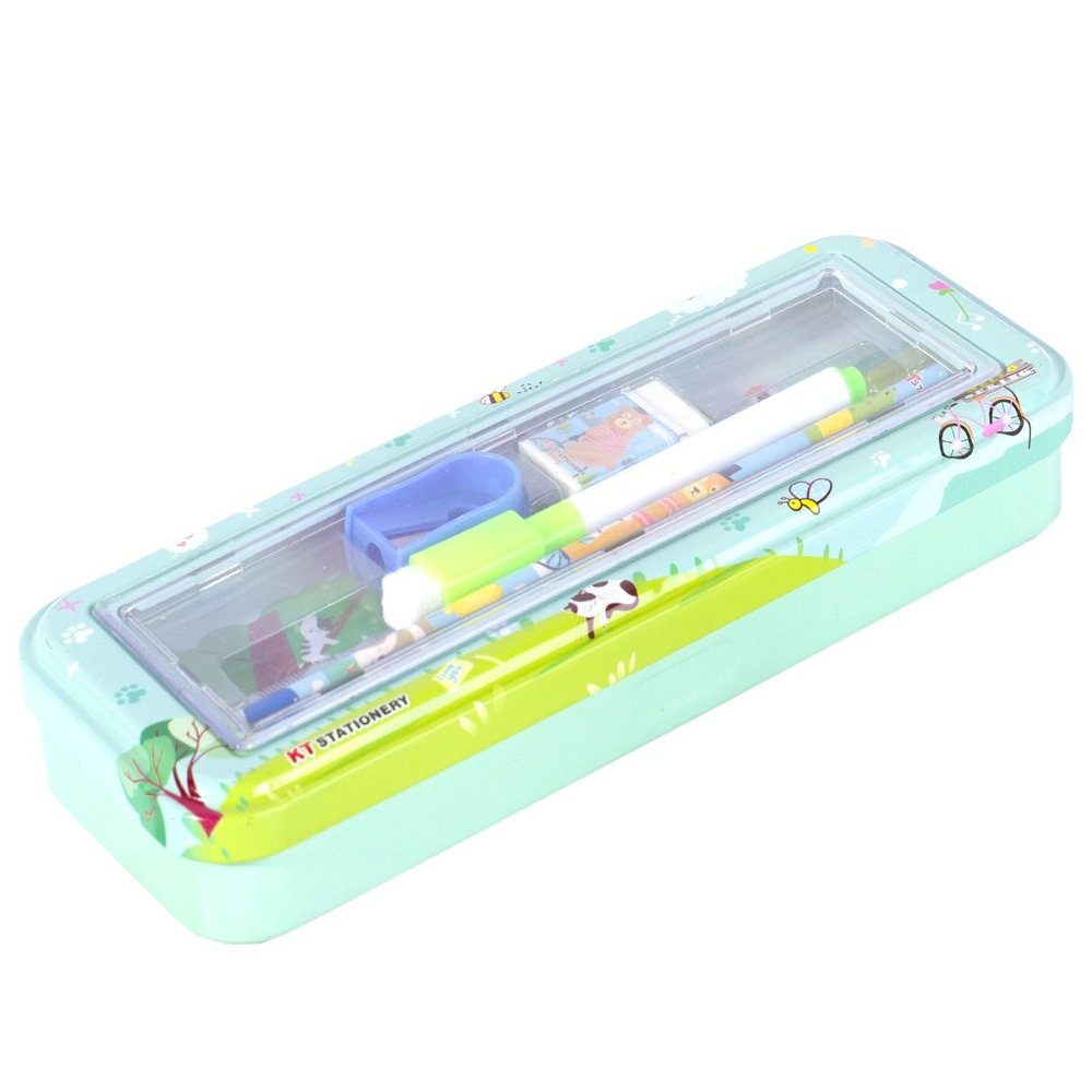 Пенал с наполнением, металлический 2 отделения Alingar, линейка 15 см, 1 ч/г каран, 1 точил, 1 ласт, 1 флом, 75 х 210 мм, "Hello friend", ассорти