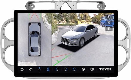 Магнитола для Volkswagen Tiguan 1 2007-2011, Golf Plus (аварийка треугольная, рамка серебро 9) - Teyes CC3-2K-360 монитор 13" 2K QLED на Android 10, 6Гб+128Гб, CarPlay, 4G SIM-слот, 4 камеры в комплекте