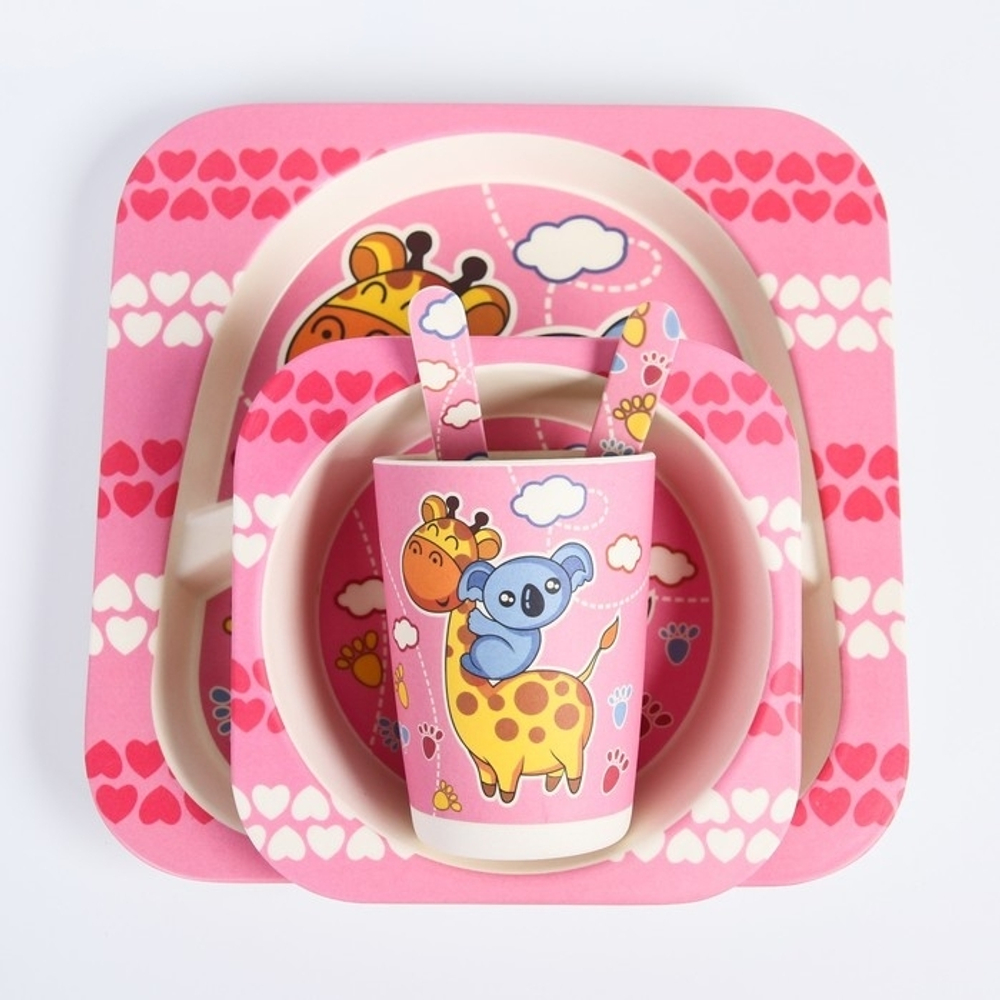 4611372 Набор бамбуковой посуды "Жираф и коала", тарелка, миска, стакан, приборы, 5 предметов