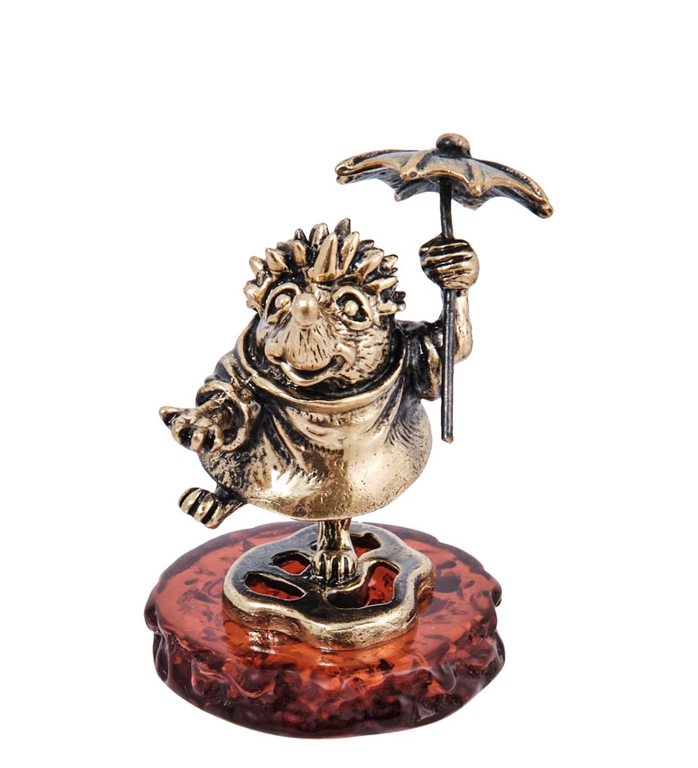 AM- 327 Фигурка «Ежик танец под дождем» (латунь, янтарь)