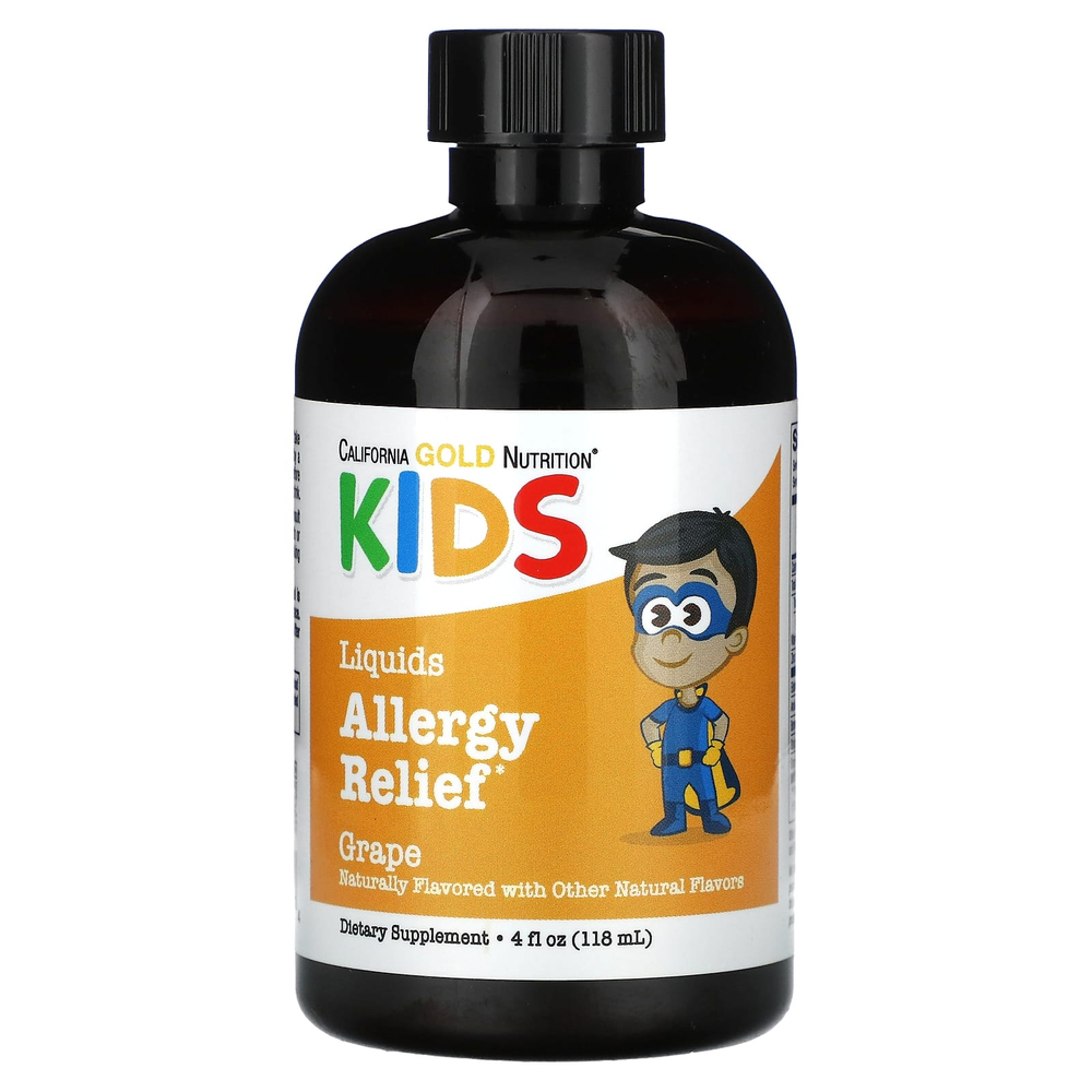California Gold Nutrition, жидкое средство от аллергии с экстрактом бузины, витамином C, порошком амлы и бромелаином для детей, без спирта, виноград, 118 мл (4 жидк. унции)