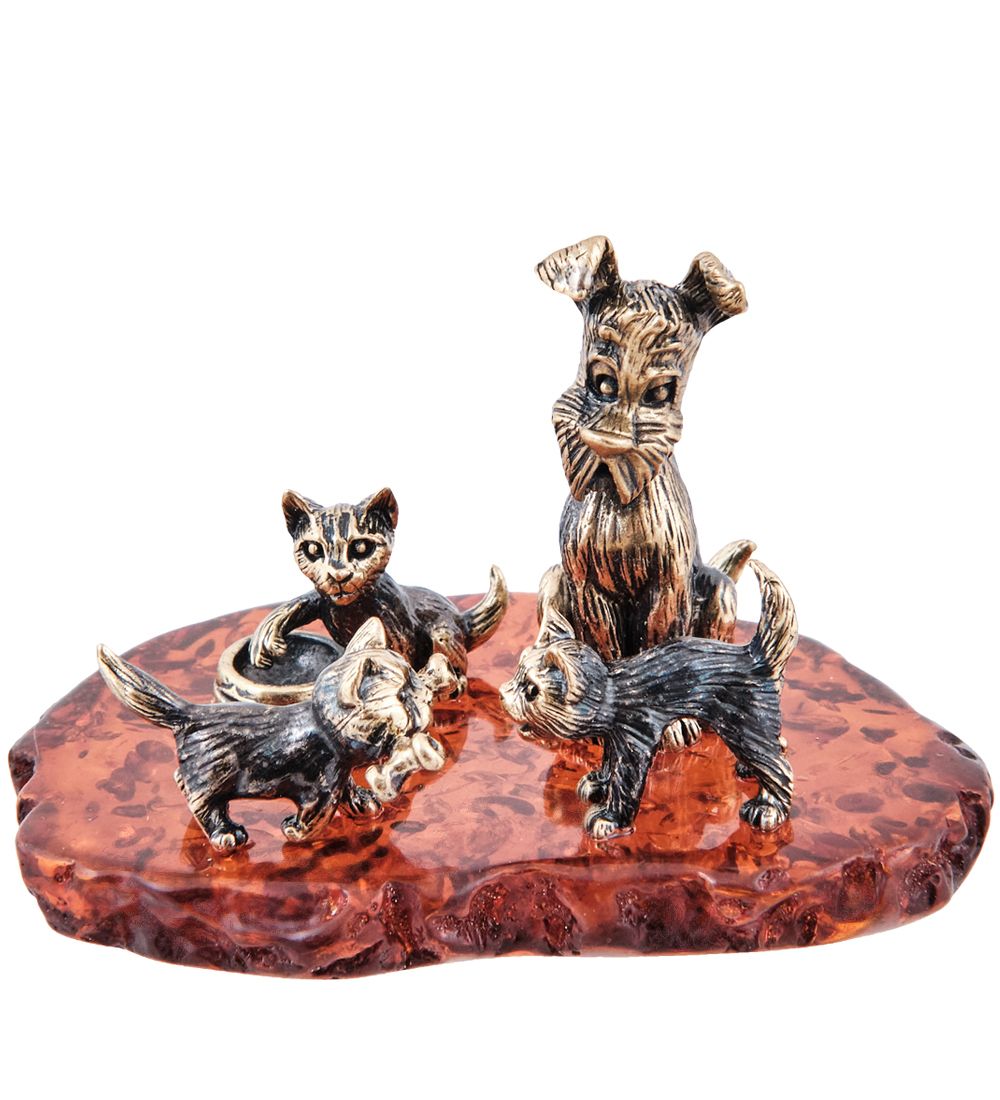 Народные промыслы AM-3971 Фигурка «Собака Дружная семья» (латунь, янтарь)